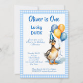 Een gelukkige eend blauwe gingham verjaardagsfeest kaart (Voorkant)