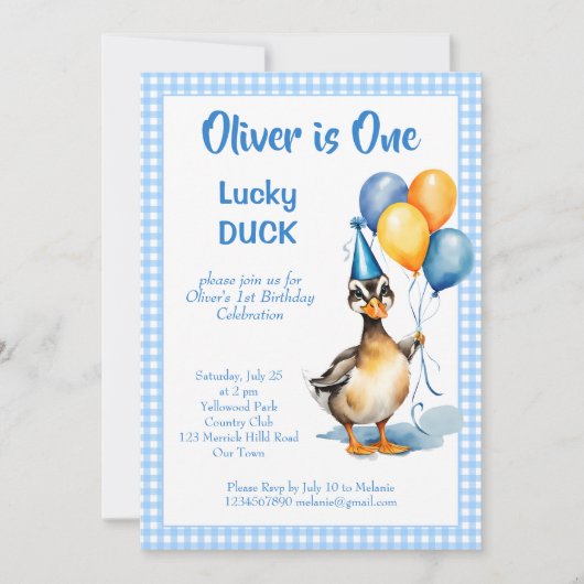 Een gelukkige eend blauwe gingham verjaardagsfeest kaart (Voorkant)