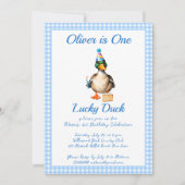 Een gelukkige eend blauwe gingham verjaardagsfeest kaart (Voorkant)
