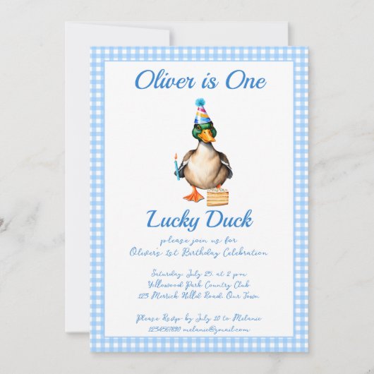 Een gelukkige eend blauwe gingham verjaardagsfeest kaart (Voorkant)