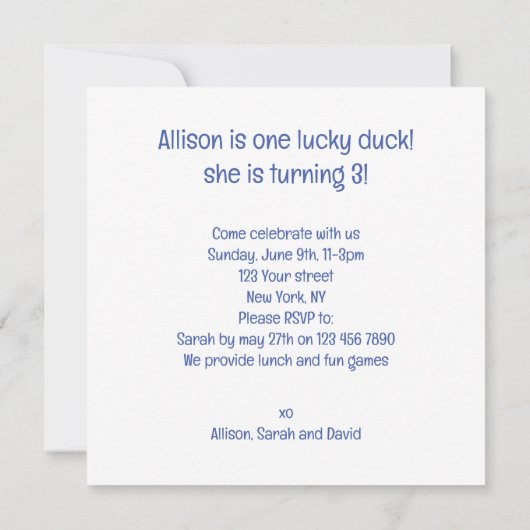 Een gelukkige eend, eend verjaardagsuitnodiging kaart (Achterkant)