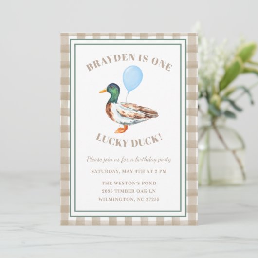 Een gelukkige eend eerste verjaardag uitnodiging (Staand voorkant)