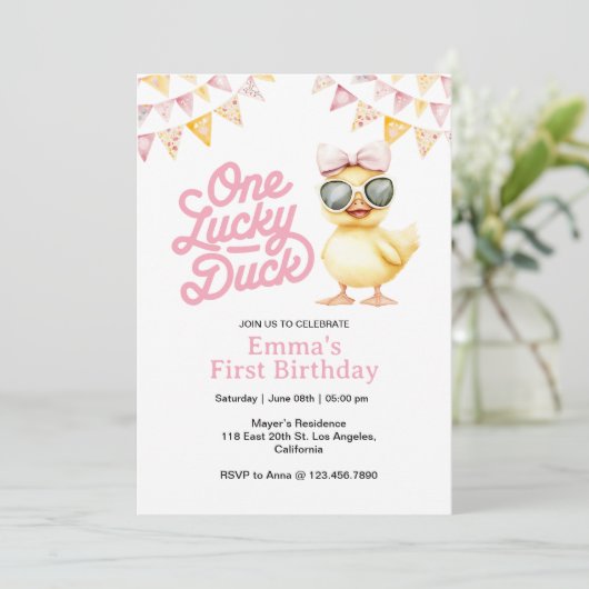 Een gelukkige eend eerste verjaardag uitnodiging (Staand voorkant)