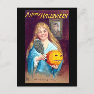 Een gelukkige halloween meisje die Vintage penselt Briefkaart