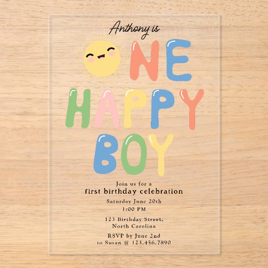 Een Gelukkige Jongen Verjaardag Nodig 1e Verjaarda Acryl Uitnodigingen (Voorkant)