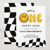 Een gelukkige kerel 1e verjaardag geruite uitnodig kaart (Voorkant / Achterkant)