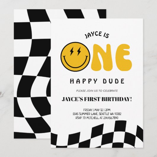 Een gelukkige kerel 1e verjaardag geruite uitnodig kaart (Voorkant / Achterkant)