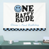 Een gelukkige kerel golvend blauw glimlach gezicht spandoek (Beurs)