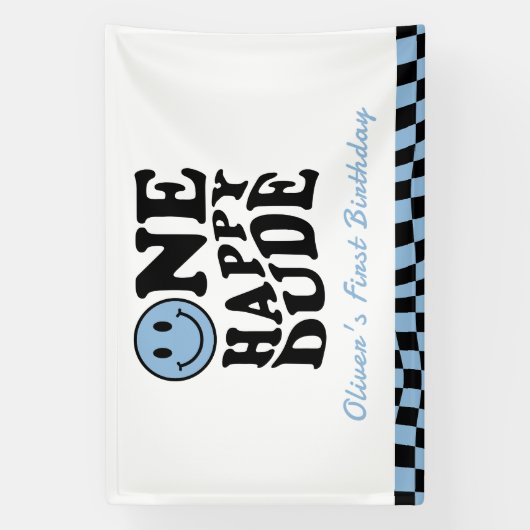 Een gelukkige kerel golvend blauw glimlach gezicht spandoek (Verticaal)