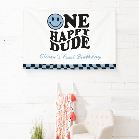 Een gelukkige kerel golvend blauw glimlach gezicht spandoek (Insitu)