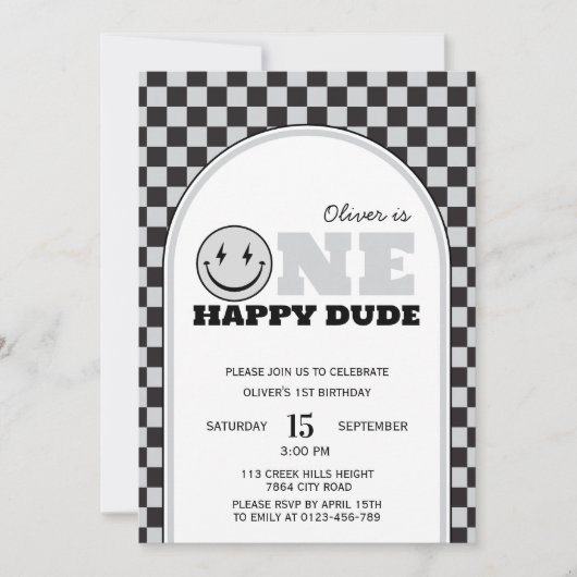 Een gelukkige kerel grijze check eerste verjaardag kaart (Voorkant)