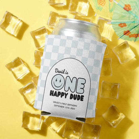 Een gelukkige kerel groovy blauwe jongen verjaarda blikjeskoeler (Insitu Zomer)