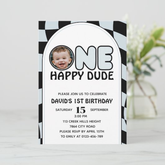 Een gelukkige kerel groovy jongen foto verjaardag kaart (Staand voorkant)