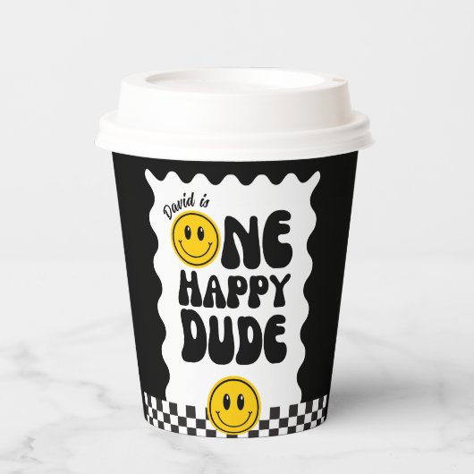 Een gelukkige kerel Happy Face Wavy 1e Verjaardag Papieren Bekers (Voorkant)