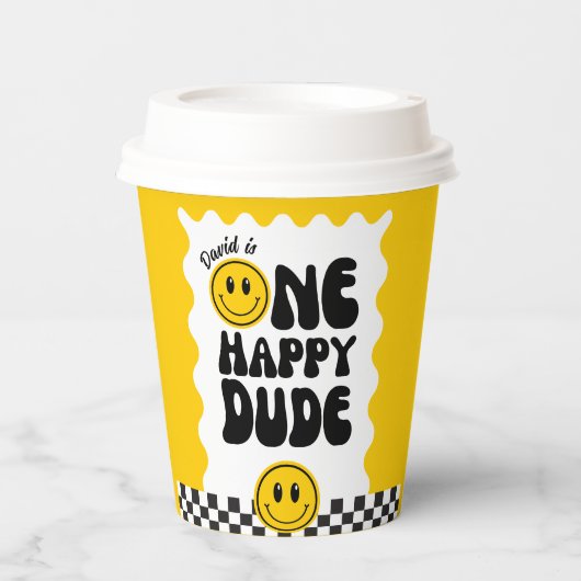Een gelukkige kerel Happy Face Wavy 1e Verjaardag Papieren Bekers (Voorkant)