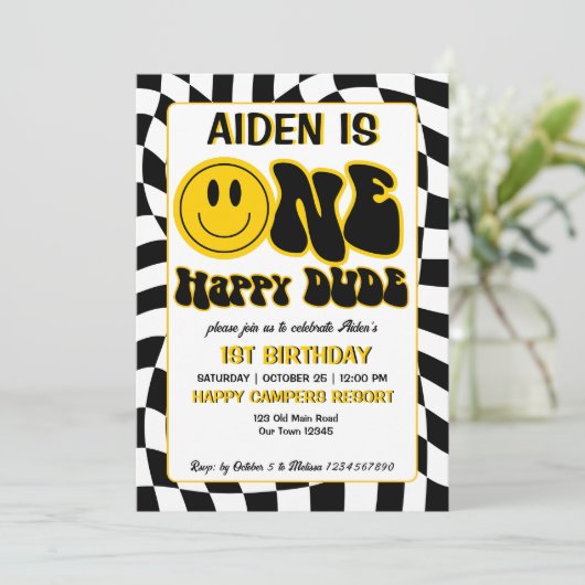 Een gelukkige kerel retro checkers 1e verjaardagsf kaart (Staand voorkant)