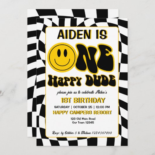 Een gelukkige kerel retro checkers 1e verjaardagsf kaart (Voorkant / Achterkant)