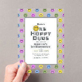 "Een gelukkige kerel!" Retro Smile Face 1e verjaar Acryl Uitnodigingen