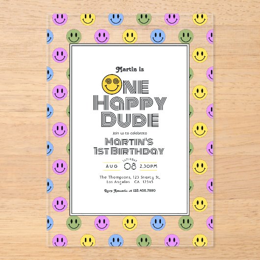 "Een gelukkige kerel!" Retro Smile Face 1e verjaar Acryl Uitnodigingen (Voorkant)