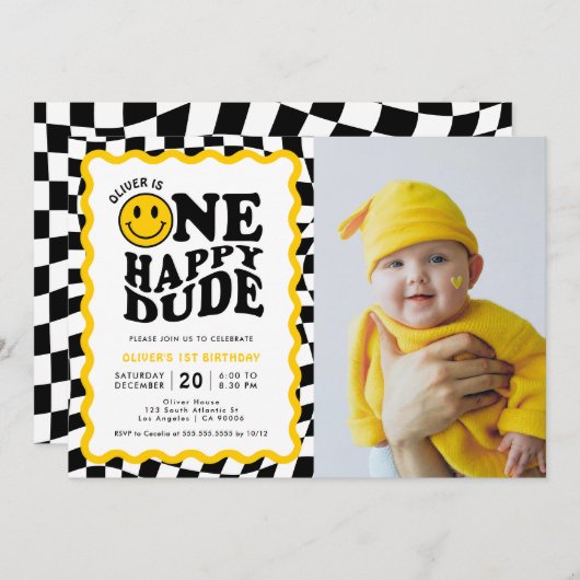 Een gelukkige kerel Wavy Happy Boy 1st Birthday Ph Kaart (Voorkant / Achterkant)