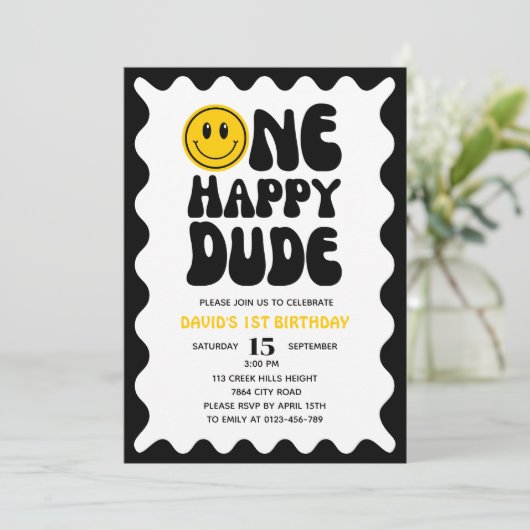 Een gelukkige kerel wavy kronkelig eerste verjaard kaart (Staand voorkant)