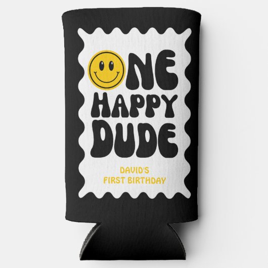 Een gelukkige kerel wavy kronkelig eerste verjaard seltzer blikjeskoeler (Voorkant)