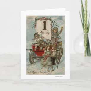 Een gelukkige Nieuwe YearKids rond een Rode Wagen Feestdagen Kaart