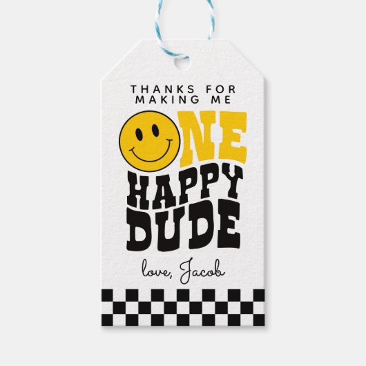 Eén gelukkige vent 1e verjaardagsfeestje bedanklab cadeaulabel (Voorkant)