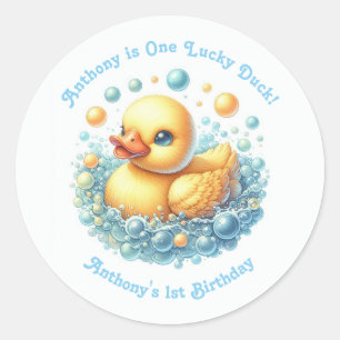 Een gelukseend eerste verjaardagsfeestje ronde sticker