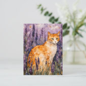 Een  gemberkat in een lavendelveld briefkaart (Staand voorkant)
