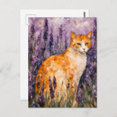Een  gemberkat in een lavendelveld briefkaart (Voorkant / Achterkant)