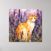Een gemberkat in een lavendelveld canvas afdruk (Voorkant)