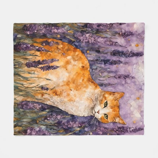 Een  gemberkat in een lavendelveld fleece deken (Voorkant (Horizontaal))