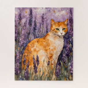 Een  gemberkat in een lavendelveld legpuzzel