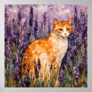 Een gemberkat in een lavendelveld poster