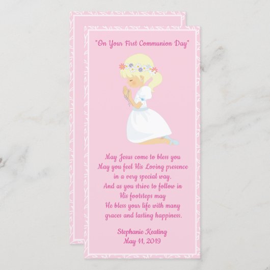 Een gepersonaliseerd meisje uit het eerste communi bedankkaart (Voorkant / Achterkant)