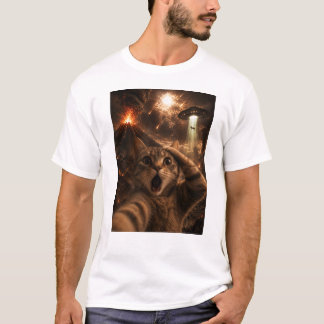 Een geschokte kat met Chaos op de achtergrond T-shirt