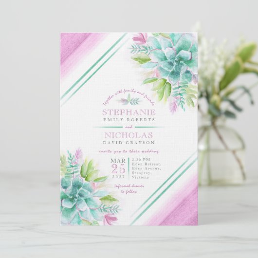 Een geslaagde waterverf groene paarse bruiloft uit kaart (Staand voorkant)