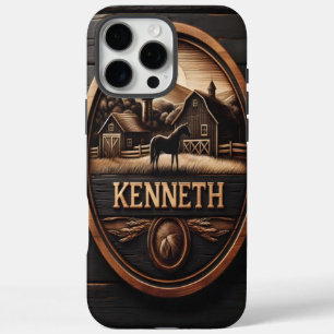 Een gesneden houten bord met een paard in een land iPhone 16 pro max hoesje