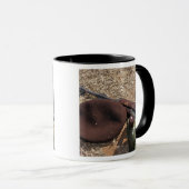 Een geweer, een militaire afdekking en een kantine mok (Voorkant rechts)