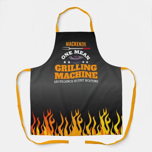 Eén geweldige grillmachine vlam aan ZWART Schort (Voorkant)