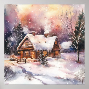 Een gezellig huisje in de winter poster