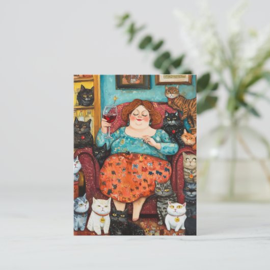 Een gezellige avond met kinderloze kattendame briefkaart (Staand voorkant)