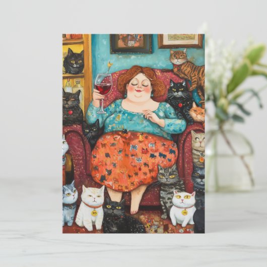 Een gezellige avond met kinderloze kattendame kaart (Staand voorkant)