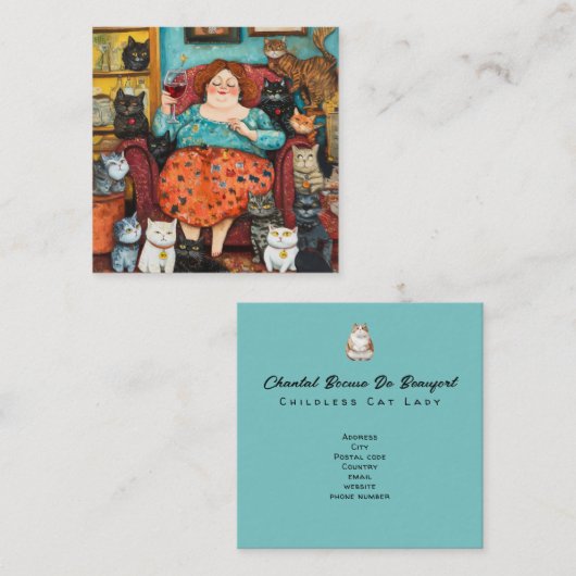 Een gezellige avond met kinderloze kattendame vierkante visitekaartje (Voorkant / Achterkant)