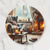 Een gezellige winterscène bij de warme open haard bedankjes labels (Achterkant)