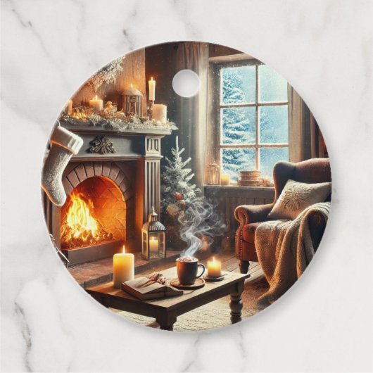 Een gezellige winterscène bij de warme open haard bedankjes labels (Voorkant)