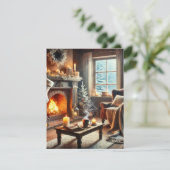 Een gezellige winterscène bij de warme open haard bedankkaart (Staand voorkant)