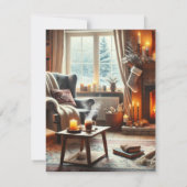 Een gezellige winterscène bij de warme open haard bedankkaart (Achterkant)