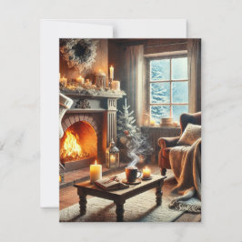 Een gezellige winterscène bij de warme open haard bedankkaart